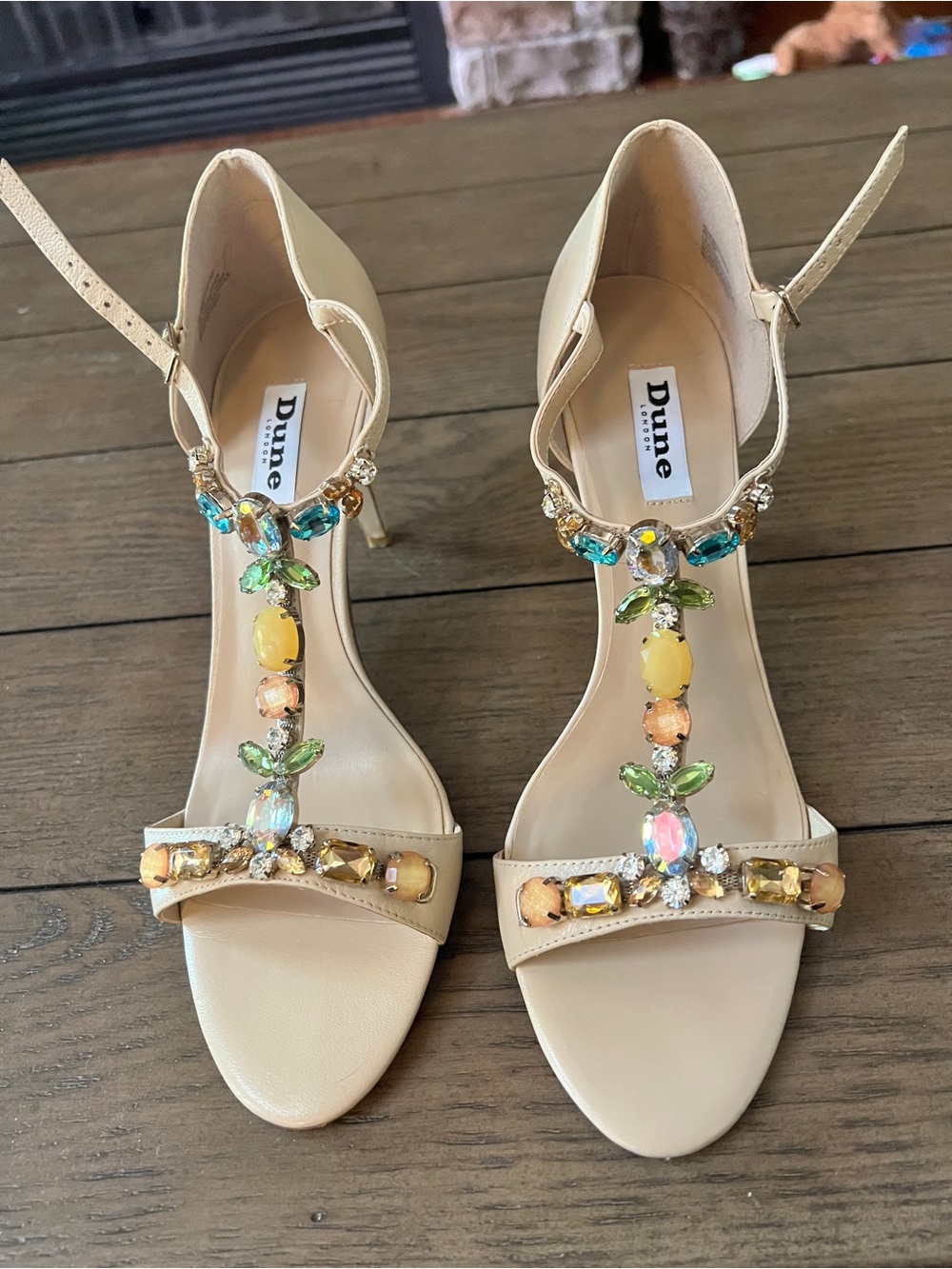 Dune London Hummingbird Nude Leather T-Strap Jeweled Heel Sandals
